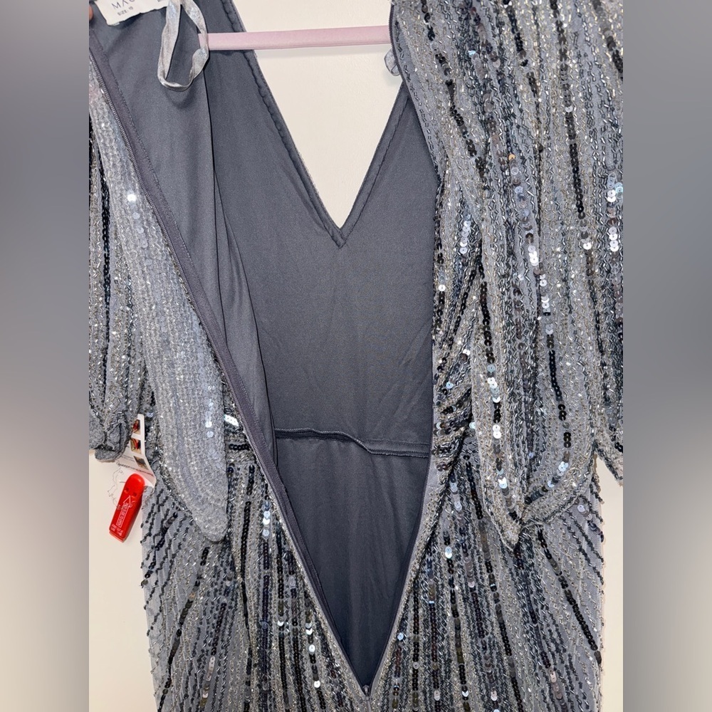 NWT |Mac Duggal 93583 Slate Blue Grey Sequined V Neck Cape Sleeve Gown Size 10 - Picture 12 of 16